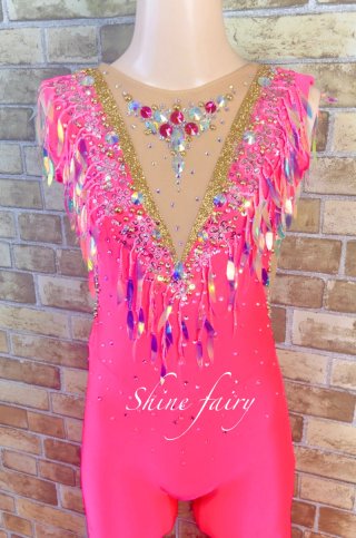 シャインフェアリー　新体操　レオタード　１５０　赤　ピンク　花　刺繍 シャインフェアリー 新体操 レオタード 150 赤 ピンク 花