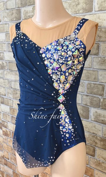 画像1: 希望サイズで製作★ 新体レオタード☆ネイビー豪華オーロラストーンがたっぷりデザイン (1)