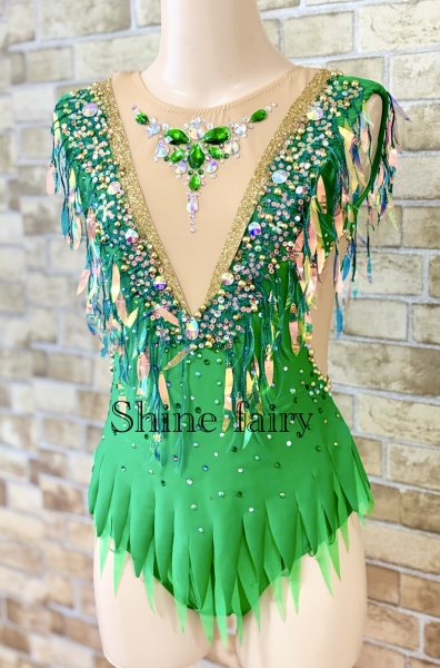 画像1: 希望サイズで製作★ 新体レオタード☆きれいなグリーンゴールド⭐︎オーロラフリンジ (1)